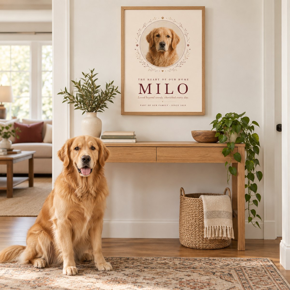 A golden retriever beside a personalized Emberena pet portrait in a natural oak frame