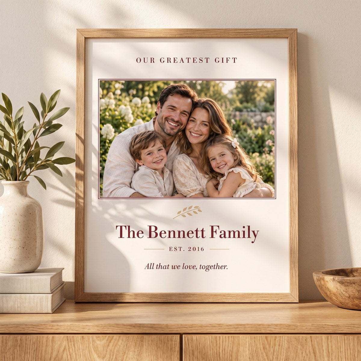 Personalized family photo artwork in a natural oak frame