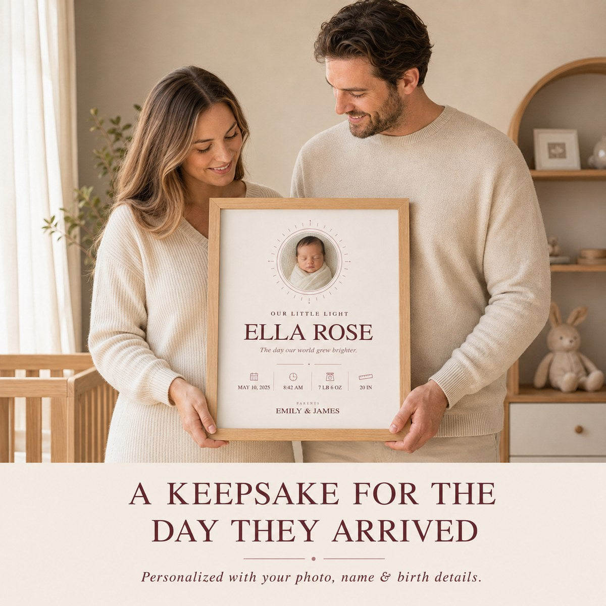 Parents holding an Our Little Light baby birth details print.