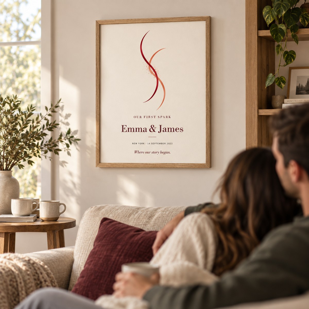 A couple sitting together beneath the Our First Spark personalized print.
