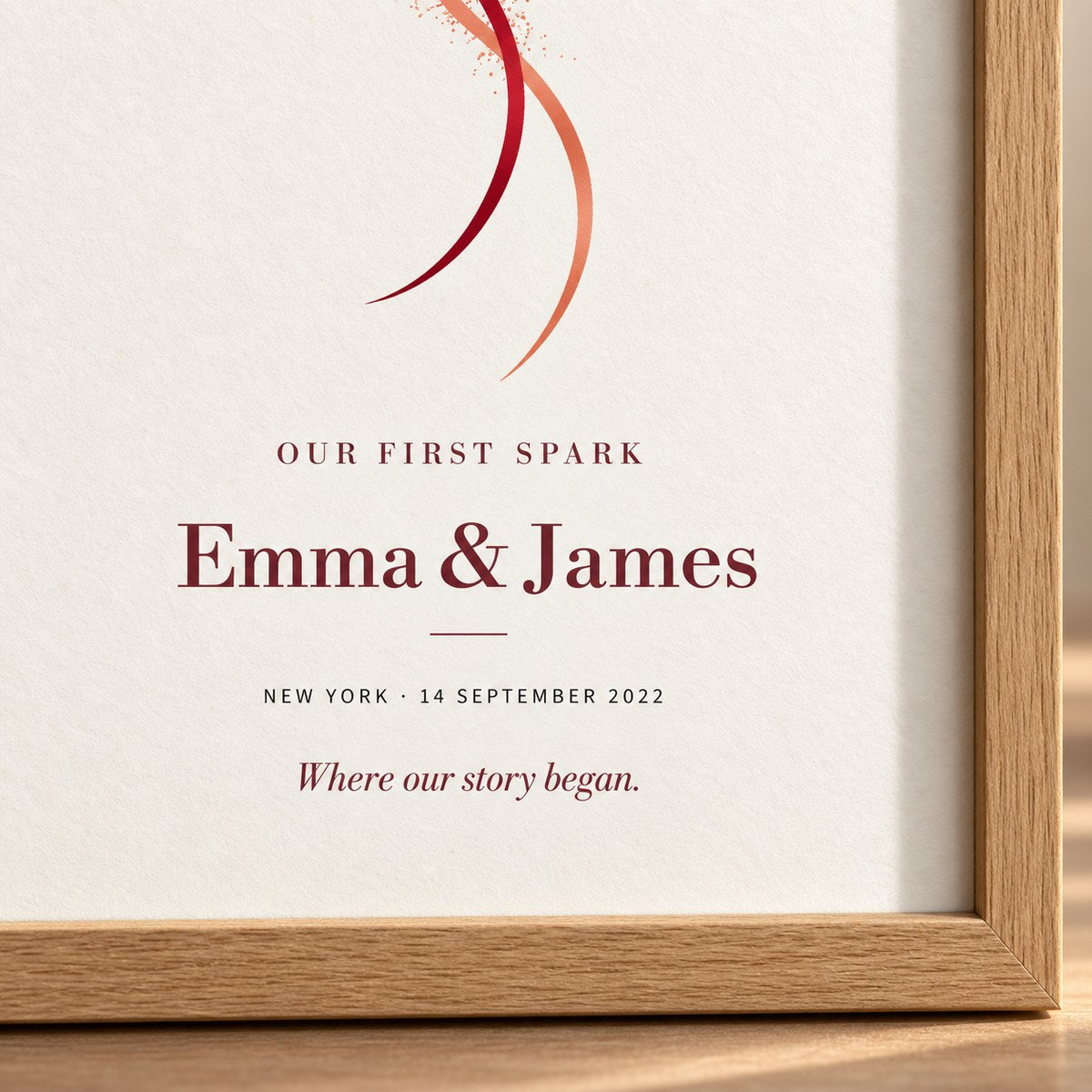 Close-up of Our First Spark showing names, location, date, and a personal message.