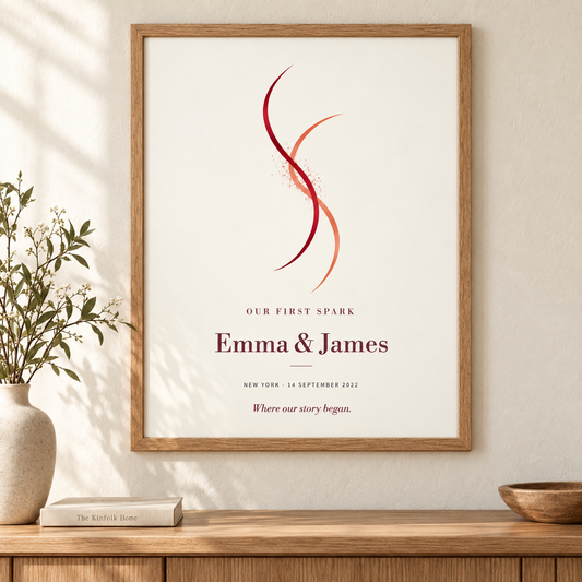 Our First Spark personalized couple print with burgundy ribbons and Emma & James in a natural oak frame.