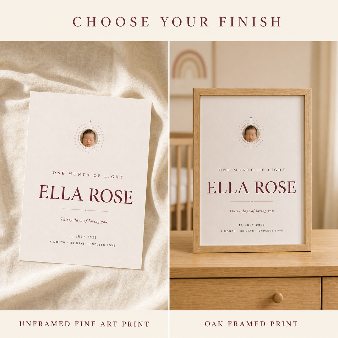 One Month of Light baby milestone portrait shown as an unframed print and in an oak frame