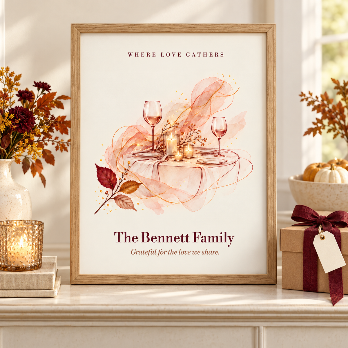 Where Love Gathers oak framed family name print styled beside a wrapped gift