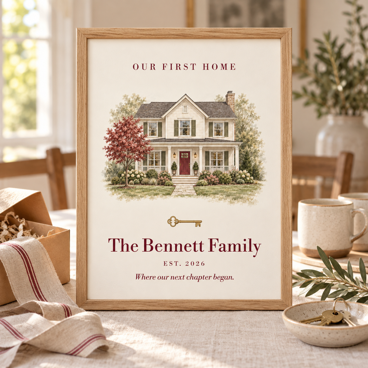 Personalized Our First Home print styled as a thoughtful housewarming gift