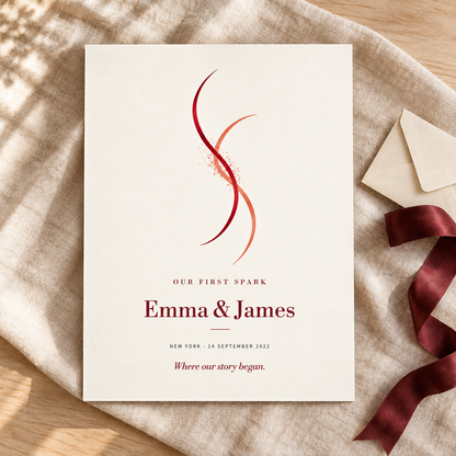 Our First Spark unframed personalized fine art print on ivory linen with a burgundy ribbon and cream envelope.