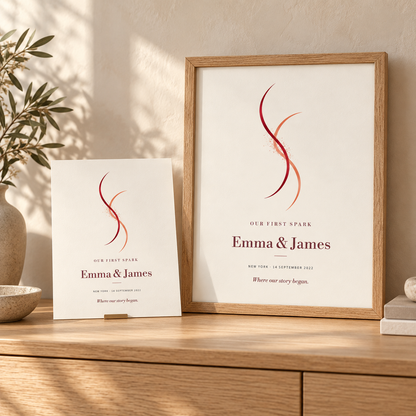 Our First Spark shown as an unframed fine art print beside a natural oak framed print.