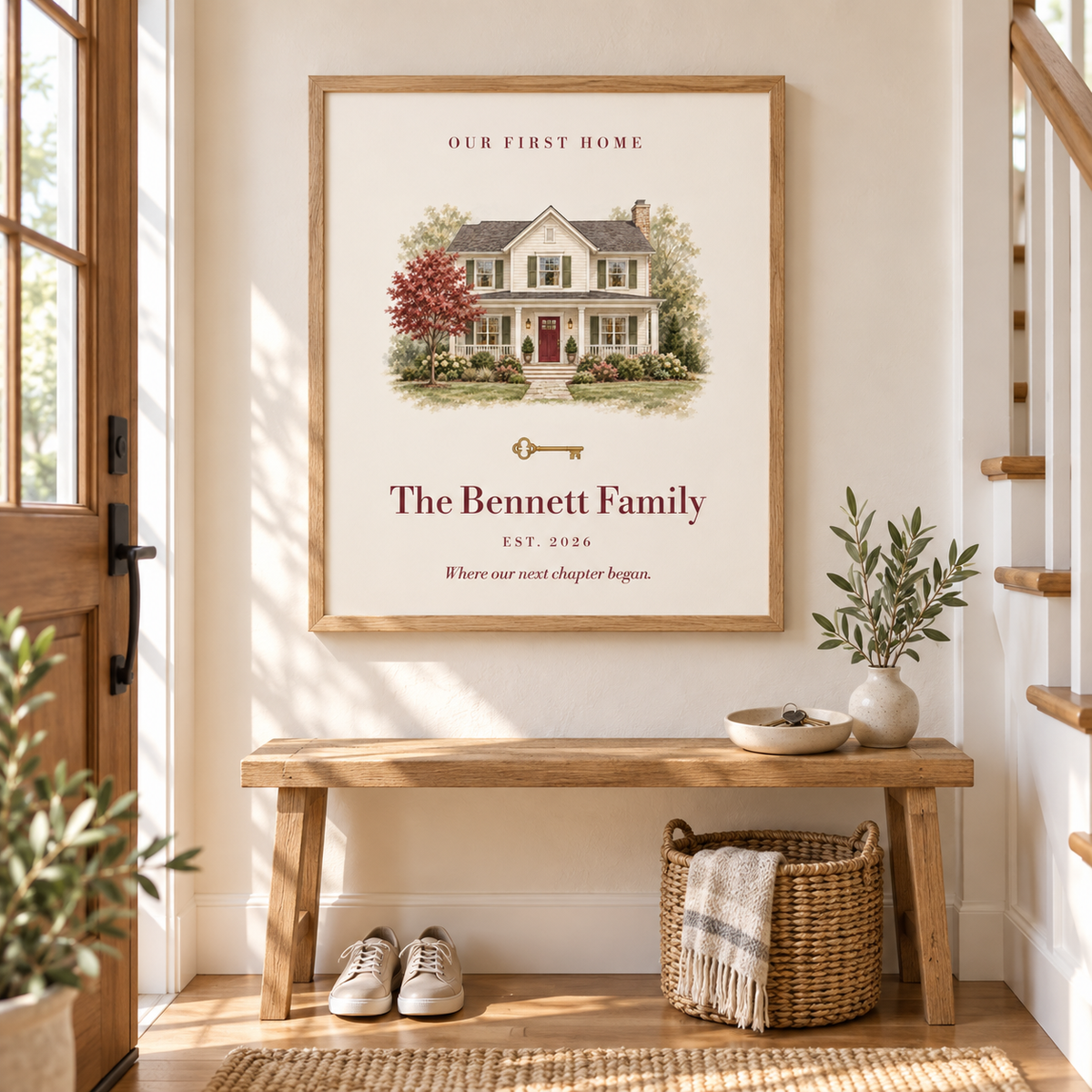 Our First Home personalized house portrait in a welcoming hallway