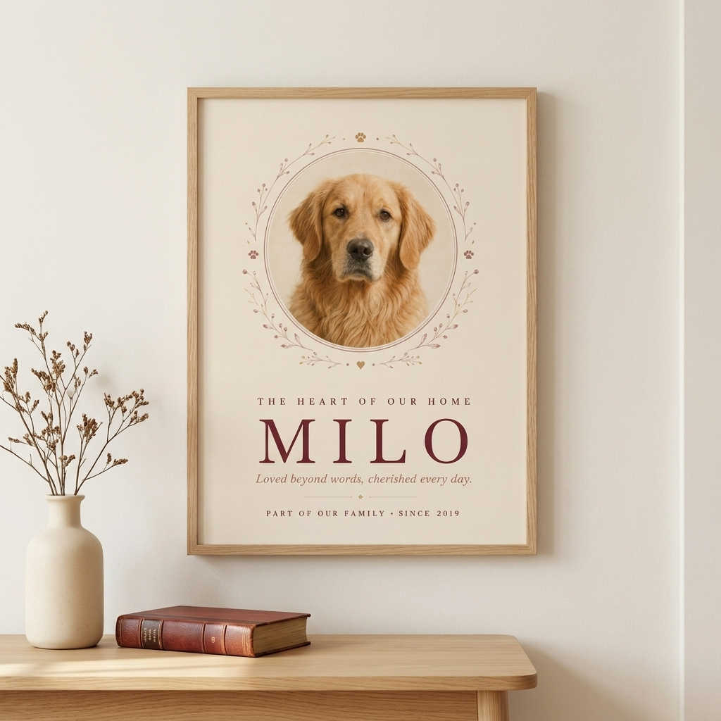 The Heart of Our Home personalized pet adoption keepsake displayed in an oak frame