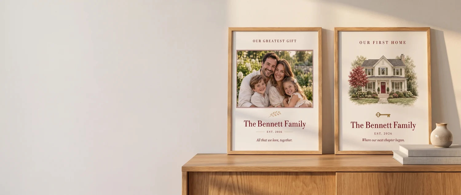 Emberena personalized keepsakes in natural oak frames, displayed in a warm family home.