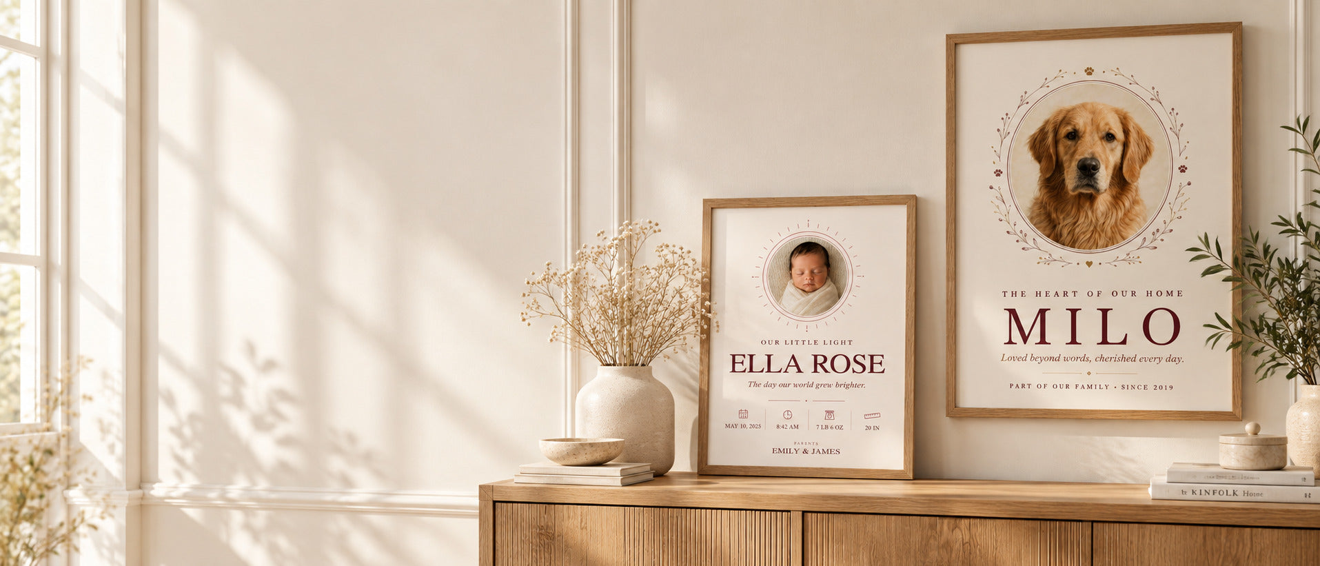 Personalized framed keepsakes displayed together in a warm home